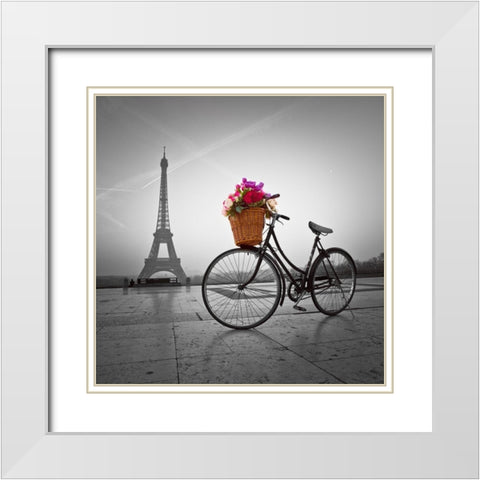 Bicycle with a basket of flowers next to the Eiffel tower White Modern Wood Framed Art Print with Double Matting by Frank, Assaf