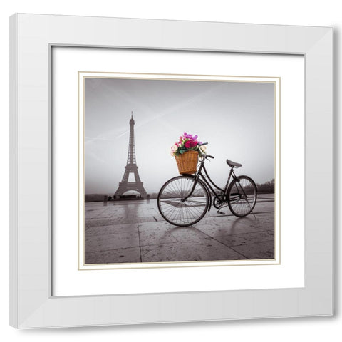 Bicycle with a basket of flowers next to the Eiffel tower White Modern Wood Framed Art Print with Double Matting by Frank, Assaf