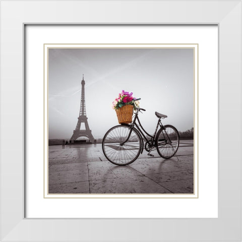Bicycle with a basket of flowers next to the Eiffel tower White Modern Wood Framed Art Print with Double Matting by Frank, Assaf