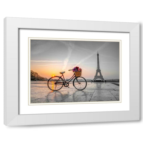 Bicycle with a basket of flowers next to the Eiffel tower, Paris, France White Modern Wood Framed Art Print with Double Matting by Frank, Assaf