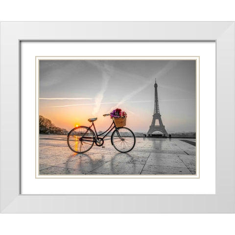 Bicycle with a basket of flowers next to the Eiffel tower, Paris, France White Modern Wood Framed Art Print with Double Matting by Frank, Assaf
