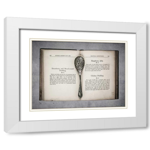 Old cookery book open with an old jam spoon White Modern Wood Framed Art Print with Double Matting by Frank, Assaf