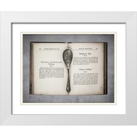 Old cookery book open with an old jam spoon White Modern Wood Framed Art Print with Double Matting by Frank, Assaf