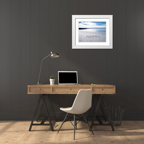 HAPPY message written in smooth sand at the beach White Modern Wood Framed Art Print with Double Matting by Frank, Assaf