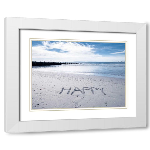 HAPPY message written in smooth sand at the beach White Modern Wood Framed Art Print with Double Matting by Frank, Assaf