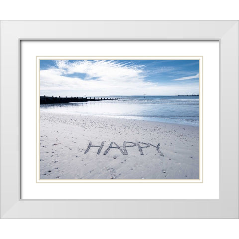HAPPY message written in smooth sand at the beach White Modern Wood Framed Art Print with Double Matting by Frank, Assaf