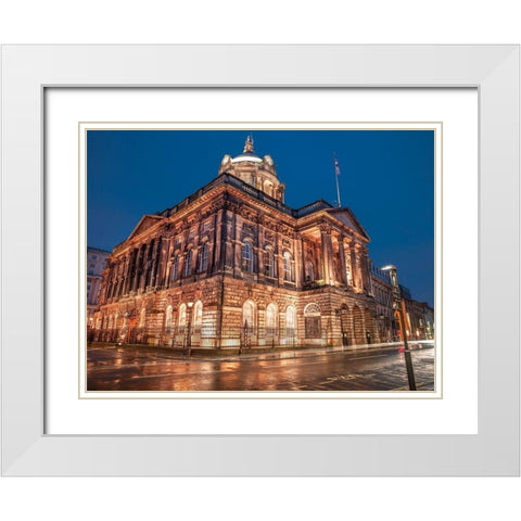 Town Hall Building at night, Liverpool, FTBR-1867 White Modern Wood Framed Art Print with Double Matting by Frank, Assaf