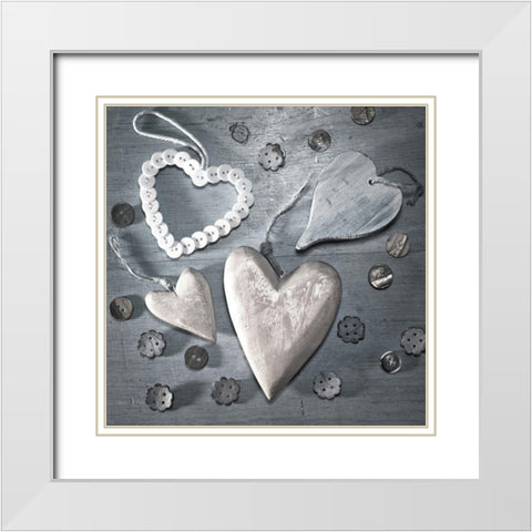Assorted wooden hearts and buttons White Modern Wood Framed Art Print with Double Matting by Frank, Assaf