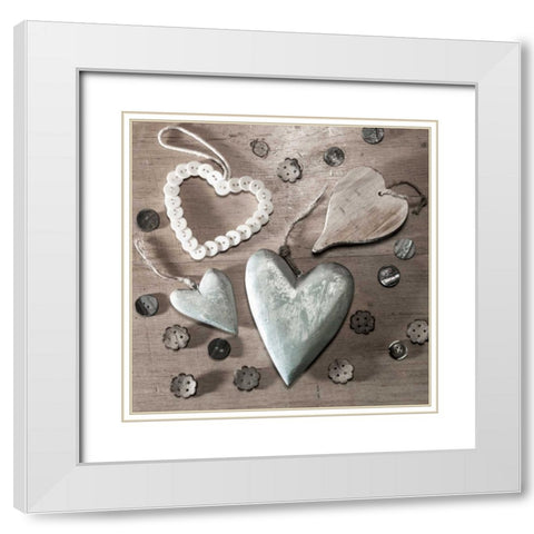 Assorted wooden hearts and buttons White Modern Wood Framed Art Print with Double Matting by Frank, Assaf