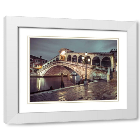 Rialto Bridge at night, Venice, Italy, FTBR-1890 White Modern Wood Framed Art Print with Double Matting by Frank, Assaf