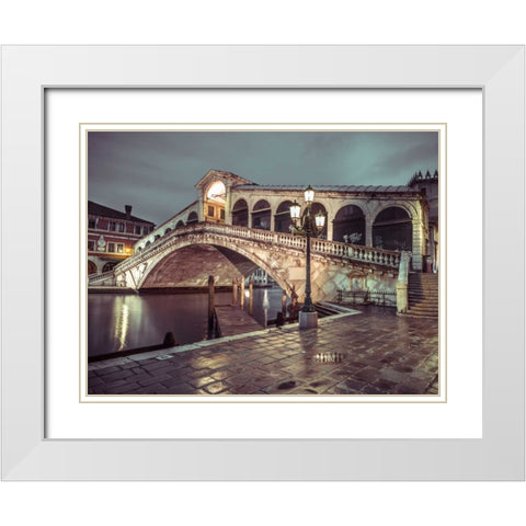 Rialto Bridge at night, Venice, Italy, FTBR-1890 White Modern Wood Framed Art Print with Double Matting by Frank, Assaf