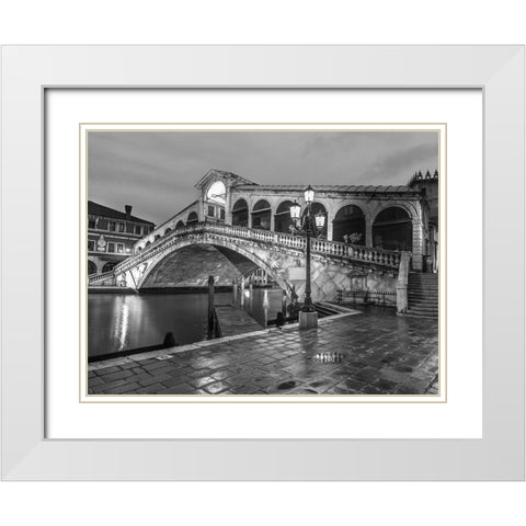 Rialto Bridge at night, Venice, Italy, FTBR-1892 White Modern Wood Framed Art Print with Double Matting by Frank, Assaf