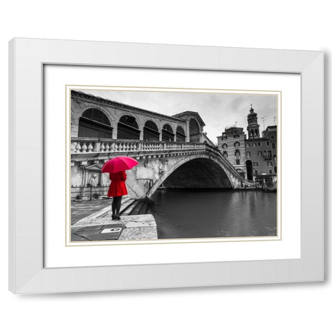 A woman in a red dress holding red umbrella and standing next to the Rialto bridge, Venice, Italy White Modern Wood Framed Art Print with Double Matting by Frank, Assaf