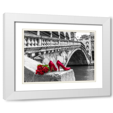 Bunch of red roses and red high heel shoes, Rialto Bridge, Venice, Italy White Modern Wood Framed Art Print with Double Matting by Frank, Assaf