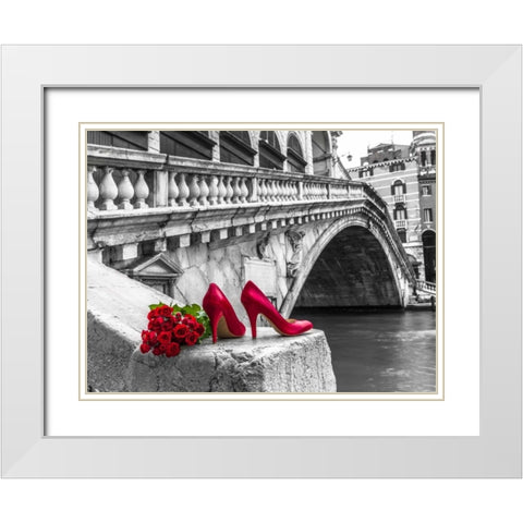 Bunch of red roses and red high heel shoes, Rialto Bridge, Venice, Italy White Modern Wood Framed Art Print with Double Matting by Frank, Assaf