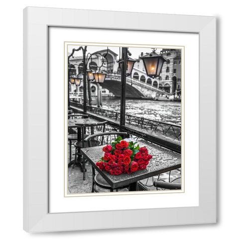Bunch of red roses on street cafe table-Rialto Bridge-Venice-Italy White Modern Wood Framed Art Print with Double Matting by Frank, Assaf