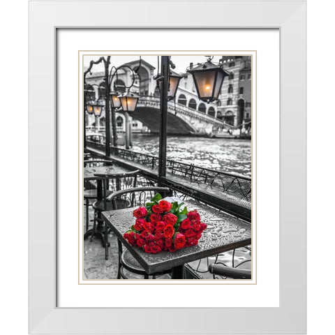 Bunch of red roses on street cafe table-Rialto Bridge-Venice-Italy White Modern Wood Framed Art Print with Double Matting by Frank, Assaf