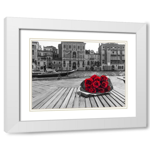 Bunch of red roses on street cafe table near canal, Venice, Italy White Modern Wood Framed Art Print with Double Matting by Frank, Assaf
