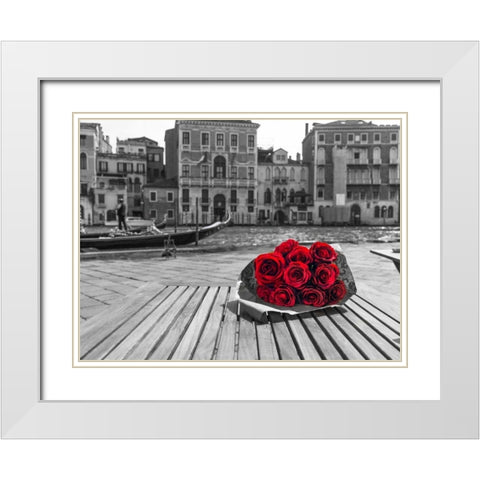 Bunch of red roses on street cafe table near canal, Venice, Italy White Modern Wood Framed Art Print with Double Matting by Frank, Assaf