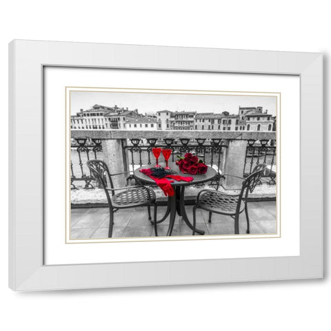 Bunch of Roses with wine glasses and female hand gloves on cafe table, Venice, Italy White Modern Wood Framed Art Print with Double Matting by Frank, Assaf