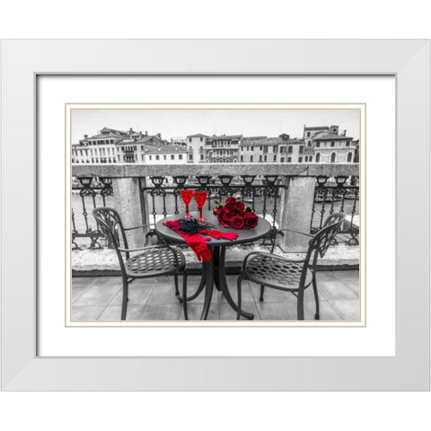 Bunch of Roses with wine glasses and female hand gloves on cafe table, Venice, Italy White Modern Wood Framed Art Print with Double Matting by Frank, Assaf