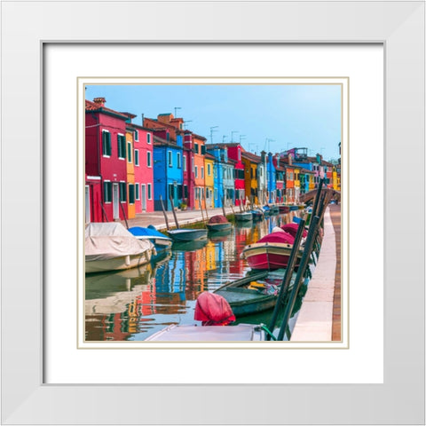 Multi-Coloured houses next to a canal, Burano, Italy White Modern Wood Framed Art Print with Double Matting by Frank, Assaf