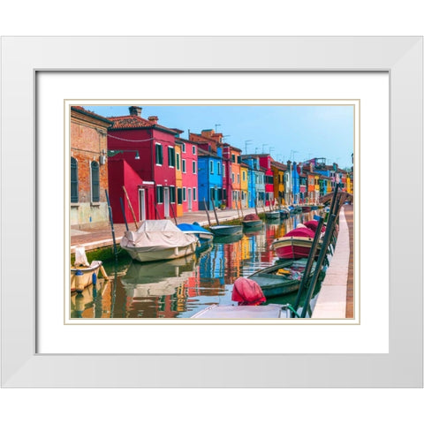 Multi-Coloured houses next to a canal, Burano, Italy White Modern Wood Framed Art Print with Double Matting by Frank, Assaf