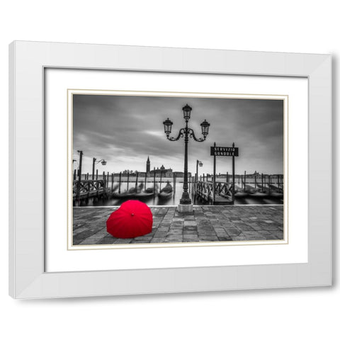 Heart shaped umbrella next to lamp post at Gondola hiring point, Venice, Italy White Modern Wood Framed Art Print with Double Matting by Frank, Assaf