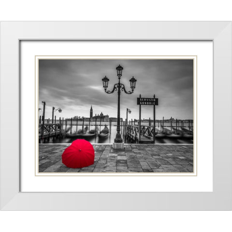 Heart shaped umbrella next to lamp post at Gondola hiring point, Venice, Italy White Modern Wood Framed Art Print with Double Matting by Frank, Assaf