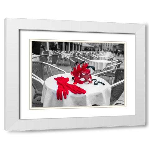 Female hand gloves with Venetian mask on cafe table, Venice, Italy White Modern Wood Framed Art Print with Double Matting by Frank, Assaf
