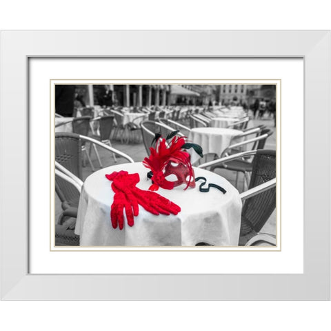 Female hand gloves with Venetian mask on cafe table, Venice, Italy White Modern Wood Framed Art Print with Double Matting by Frank, Assaf