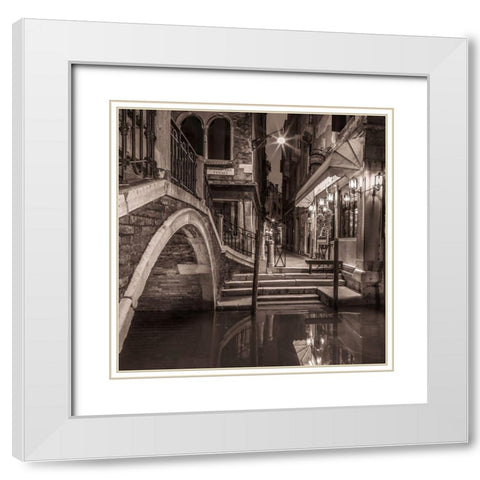 Night shot of cafe by narrow canal-Venice-Italy White Modern Wood Framed Art Print with Double Matting by Frank, Assaf
