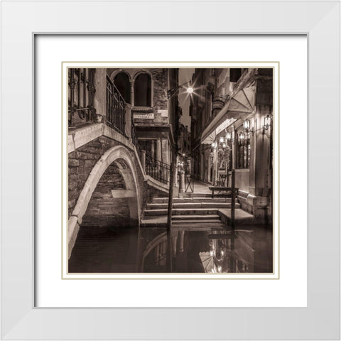 Night shot of cafe by narrow canal-Venice-Italy White Modern Wood Framed Art Print with Double Matting by Frank, Assaf