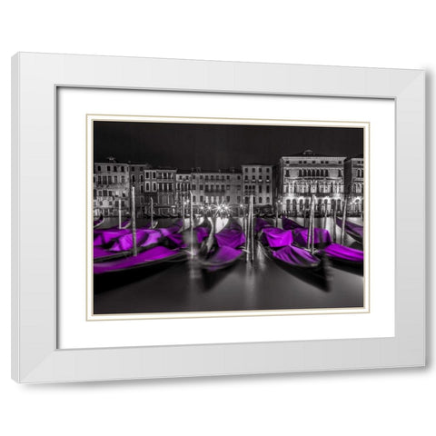 Night shot of grand canal with illuminated buildings and gondolas, Venice, Italy White Modern Wood Framed Art Print with Double Matting by Frank, Assaf