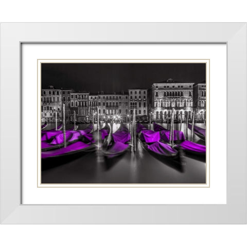 Night shot of grand canal with illuminated buildings and gondolas, Venice, Italy White Modern Wood Framed Art Print with Double Matting by Frank, Assaf