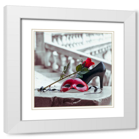 Venetian mask and high heel shoe with red rose, Rialto bridge, Venice, Italy White Modern Wood Framed Art Print with Double Matting by Frank, Assaf