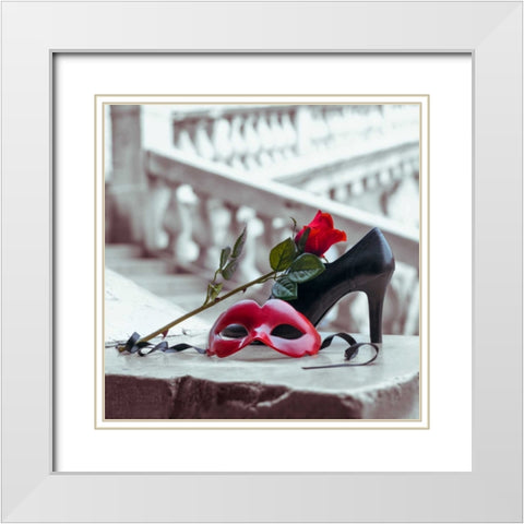Venetian mask and high heel shoe with red rose, Rialto bridge, Venice, Italy White Modern Wood Framed Art Print with Double Matting by Frank, Assaf