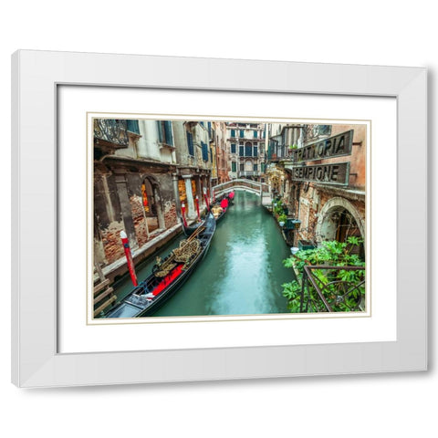 Gondola in narrow canal through old buildings, Venice, Italy White Modern Wood Framed Art Print with Double Matting by Frank, Assaf