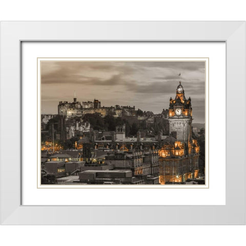 Edinburgh Castle and The Balmoral Hotel, Scotland, FTBR-1917 White Modern Wood Framed Art Print with Double Matting by Frank, Assaf