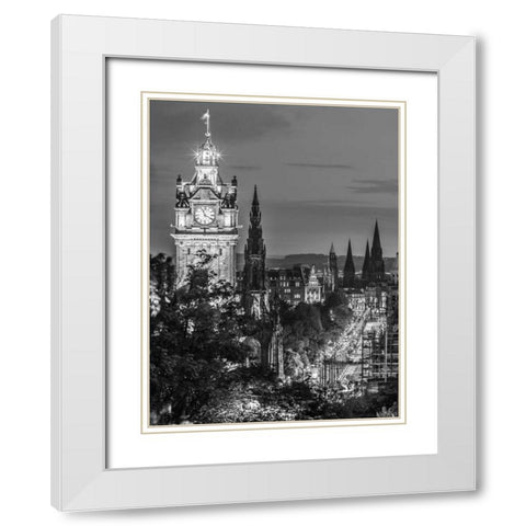 Princess streen and the Balmoral Hotel and night, Edinbrugh, Scotland, FTBR-1800 White Modern Wood Framed Art Print with Double Matting by Frank, Assaf