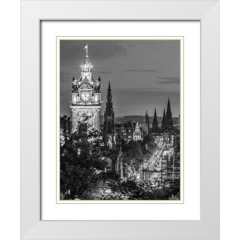 Princess streen and the Balmoral Hotel and night, Edinbrugh, Scotland, FTBR-1800 White Modern Wood Framed Art Print with Double Matting by Frank, Assaf