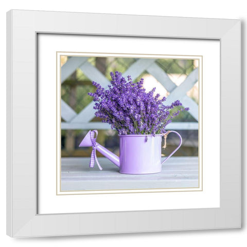 Watering can with Lavender flowers White Modern Wood Framed Art Print with Double Matting by Frank, Assaf