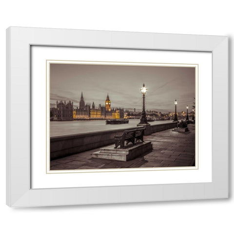 Benchs by the walkway next to river thames, London, Uk White Modern Wood Framed Art Print with Double Matting by Frank, Assaf