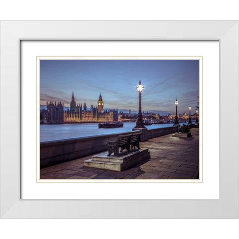 Benchs by the walkway next to river thames, London, Uk White Modern Wood Framed Art Print with Double Matting by Frank, Assaf