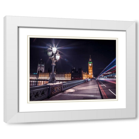 Westminster Bridge on river Thames with strip lights, London, UK White Modern Wood Framed Art Print with Double Matting by Frank, Assaf