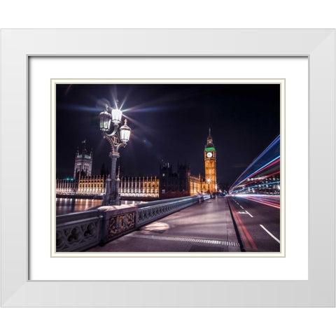 Westminster Bridge on river Thames with strip lights, London, UK White Modern Wood Framed Art Print with Double Matting by Frank, Assaf