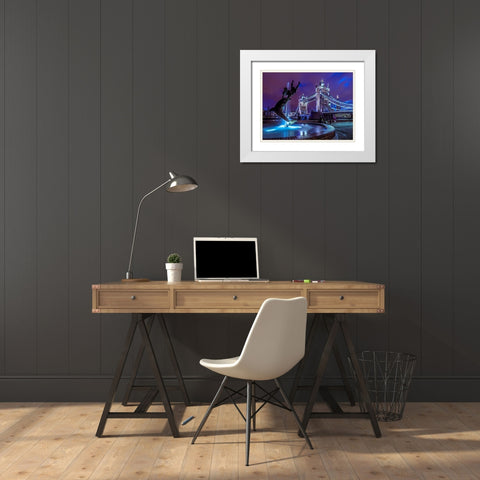 Fountian at tower bridge White Modern Wood Framed Art Print with Double Matting by Frank, Assaf