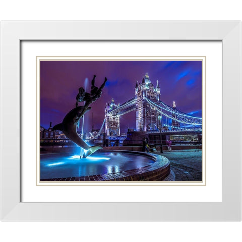 Fountian at tower bridge White Modern Wood Framed Art Print with Double Matting by Frank, Assaf