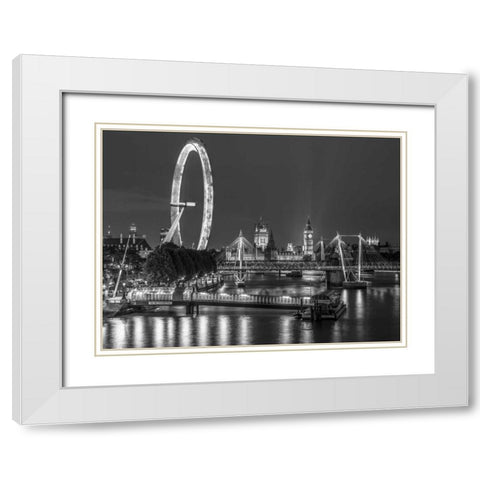 Night shot of river thames with London Eye, London, UK White Modern Wood Framed Art Print with Double Matting by Frank, Assaf