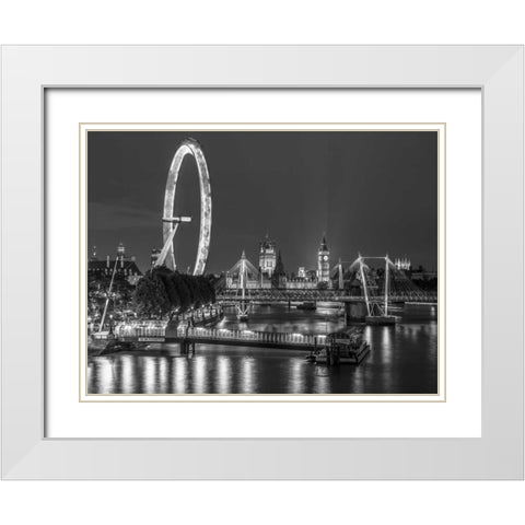 Night shot of river thames with London Eye, London, UK White Modern Wood Framed Art Print with Double Matting by Frank, Assaf